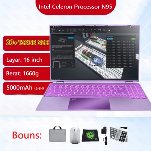 Laptop ungu/pink Intel N95 Ram20g+512gb ssd 16 inch windows11 IPS RGB backlight gar1thn