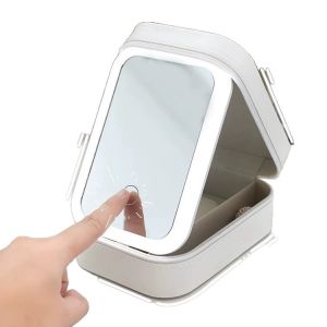 1 PC LED Light Mirror Makeup Bag Travel Portable Cosmetics Jewelry Storage Box Large Capacity Compartment Outdoor Makeup Mirror Box
