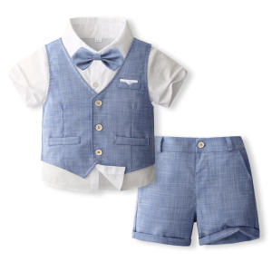 lontakids Toddler Boy Clothes Suit Gentleman Wedding Outfits Formal Polo Shirt Bowtie Vest Short Pants 4Pcs Set