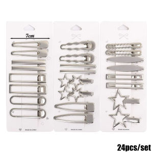 24PCS Silver Metal Hairpins Y2K Women Geometric Hairclip Star Multiple Styling Duckbill Clip Side Bangs Barrettes Girls Hair Accessory