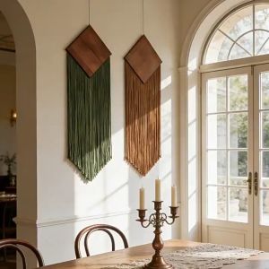 Tassel Wall Hanging Hand Woven Diamond Wood Board Boho Wall Tapestry Decor for Living Room Bedroom