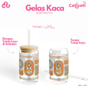 CatiCati - Gelas Aesthetic Tumbler Kaca Tutup Kayu dan Sedotan 500ml Gelas Estetik Kode Varian AGV