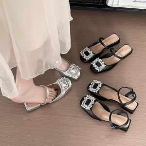 Temperament French Square Toe Rhinestone Womens Wear Summer New Straight Buckle Comfortable Flat Toe Sandals Women