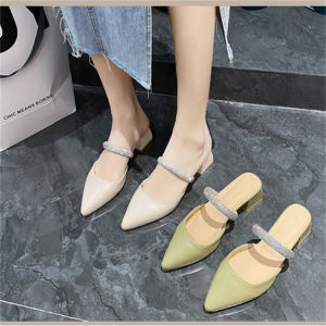 [Free Shipping] New Women’S Summer Slip-On Sandals With A Chunky Heel Pointed Toe And Rhinestone Embellishments – Fashionable High-Heeled Mules