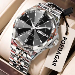 POEDAGAR Luxury Watch for Men Top Business Waterproof Luminous Date Week Stainless Steel Wristwatch