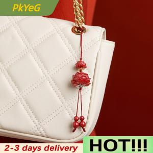 PkYeG Natural Cinnabar Lotus Car Keychain Chinese Style Lucky Phone Chain Bag Pendant Hanging