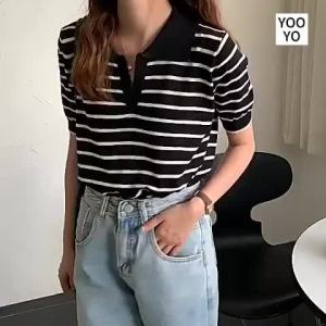 YOOYO.th พร้อมส่ง เสื้อไหมพรมแขนสั้น ลายทาง เว้าหน้าลึกสุดเท่ โค้ดลดเพิ่ม