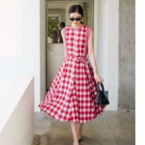 3657 One Size (45-75kg) Summer Miyake Pleated Plaid Pastoral Fresh Tie Waist Slim Dress