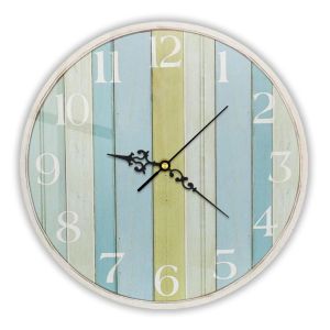FFBH Coastal Striped Wood Printed Wall Clock Beach House Home Decor Shabby Chic Pastel Blue Green Cottage Wall Clock for Beach House 9R3H1