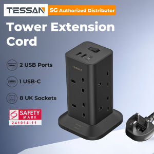 TESSAN Extension Power Socket Power Strip with USB-C Extension Cord Multi Plug Surge Protector Adapter with 8/12 Outlets USB-C Power Extension 2M/3M Extension Wire Power Adapter