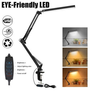 【COD + Local Seller】LED Folding Desk Lamp Metal Swing Long Arm Lamp Eye-Caring Dimmable Table Lamp ledFlexible Arm Table Lamp led 3 Color Modes 10 Brightness Dimming Reading Light with USB PortMemory Function
