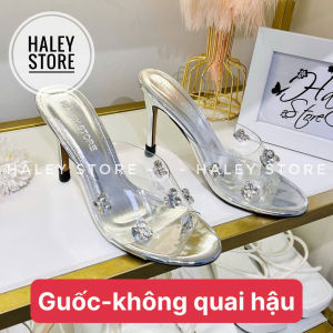 Giày bít bạc đá HALEY STORE cao gót 5cm bít mũi nhọn quai trong suốt đính đá gót tam giác tiểu thư công chúa đi tiệc