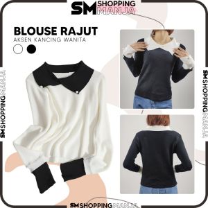 Blouse Wanita Berkerah Bahan Rajut Knitwear Long Sleeve Sweater / Baju Rajut Lengan Panjang Aksen Kancing Cewek SM P373
