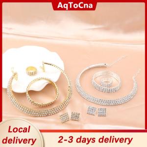 [COD] AqToCna Ship within 24 hours 4Pcs set Bridal Jewelry Set Necklace Bracelets Ring Earrings Set Super Gorgeous Luxury Shiny Fashion Jewelry Party Gift