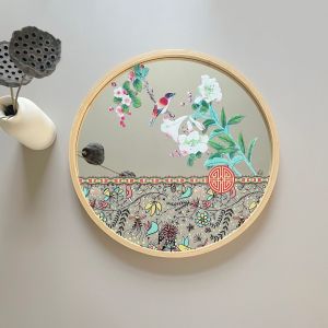 Bamboo Framed Wall Mounted Deco Mirror with Flower Painting