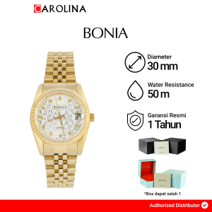 Jam Tangan Wanita Bonia Elegance B10550-3216 Silver Monograph Printed Dial Gold Stainless Steel Strap