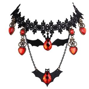 BENGPEN Dark Style Gothic Choker Red Rhinestone Heart Vintage Halloween Necklace Fashion Black Beaded Flowers Bat Earrings Party Costume