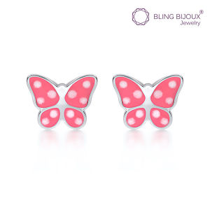 Bling Bijoux ต่างหูเงินแท้ 925 แบบก้าน รูปผีเสื้อสีชมพูพาสเทลลายจุด สวยหวาน สีสันสดใส น่ารักเรียบง่าย ใส่ได้ทุกวัน