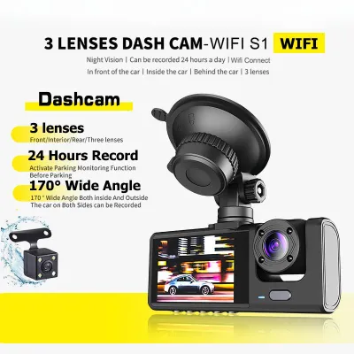 24 Hours Record 1080P FHD Wifi 3 Camera Dashcam for Car Front + Interior + Back / Rear Dash Cam Night Vision Parking Mode Car DVR Driving video Recorder