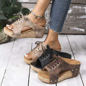 Free Shipping Plus-Size 43 New WomenS Wedge Heel Fish-Mouth Platform Rivet Sandals