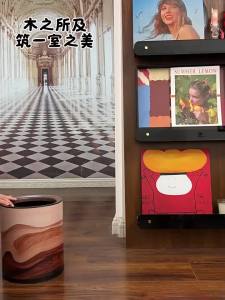 FFBH Vintage Waste Bins Thickened Carbon Steel Metal Garbage Bins Office Study Wastebasket Wooden Style Luxury Kitchen Trash Can 4P7H5