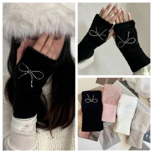 DRESSPLUS Hotfix Rhinestone Bow Gloves Solid Color Plush Half Finger Mittens Sweet Warm Knitted Gloves Ladies