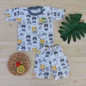 Setelan baju bayi lengan pendek motif Bear pakaian bayi piyama anak usia 0-12 bulan kancing bahu