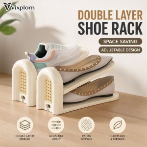 Shoe Rack Shoe Stand Double Layer Space Saving Portable Adjustable Rattan Weave Entryway Closet Organizer