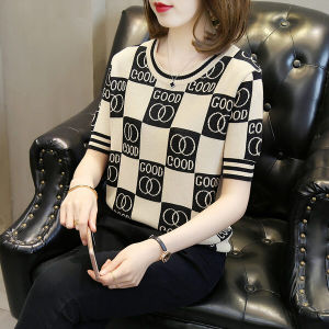LUCKIN STORE Womens Short Sleeve Knitted T-shirt Loose Round-neck Tops Bottoming Shirt 2023 New Shirt Blouse