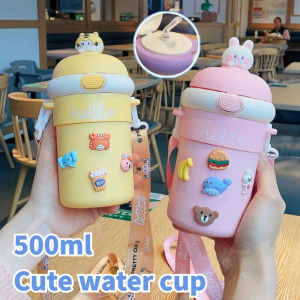 500ML Portable Straw Cup Water Bottle with Silicone Straw Leakproof Cute Glass Cup Crossbody Cup Ins Girl Student