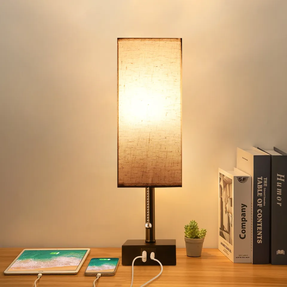 ⚡️Local Warehouse+COD⚡Bedside Lamps, Table Lamp For Bedroom, Lamp With USB  C+A Charging Ports, Small Bedside Lamp With 3-Color Modes With Pull Chain, 