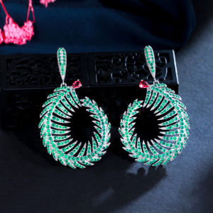 SEQUITO Fashion Coconut Hollow Palm Leaves Green Cubic Zircon Stone Big Dangle Earrings Ear Drop Boho Beach Jewelry for Women SE554