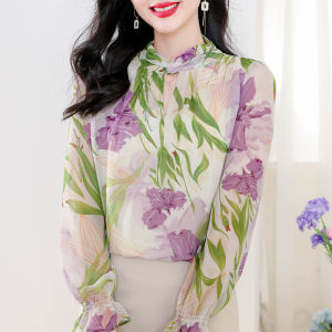 LUXURY Queen 2023 Spring and Autumn New Retro Printed Chiffon Womens Blouse Design Sense Small Bubble Sleeve Top