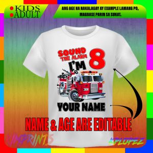 FIRETRUCK DESIGN PERSONALIZED BIRTHDAY T-SHIRT DESIGN CUSTOMIZED DESIGN IN TSHIRT WITH NAME SUBLIMATION PRINT WHITE SHIRT