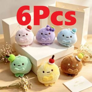 Kawaii Sumikko Gurashi Plushie Six Pieces Round Stuffed Animals With Fruit Toppers Shirokuma Bear Soft Toy Birthday Christmas Gift For Girls Backpack Charm
