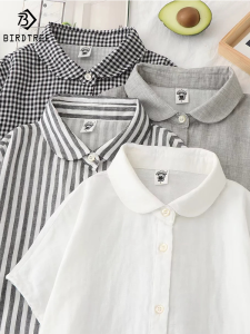 Summer Double Layer Cotton Thin White Shirts Female Short Sleeve Tops Round Collar Solid Colors Loose Blouse New 2026 T35428M2026