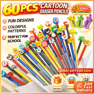 60Pcs/set Colorful 7.28 Inch Length Random Cartoon Eraser Pencils Cute Pencils for Office School Supplies Students Children Gift with 3 Pencil sharpener
