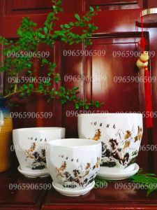 Bình gốm nhập khẩu cao cấp Đài Loan họa tiết MÃ ĐÁO THÀNH CÔNG nước men mịn đế dĩa chống tràn nước sản phẩm phong thủy tài lộc