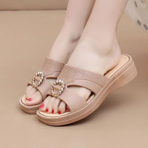[Free Shipping] New simple wedge heel womens slippers for outdoor and home use hollow-out design thick-soled soft comfortable versatile shoes for mothers