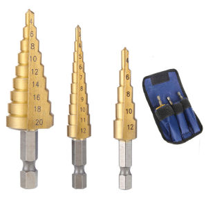 (4 ชิ้น) ชุด ดอกสว่าน ทรงเจดีย์ ขั้นบันได StepDrill เจาะรู ขยายรู คว้านรู ดอกเล็ก-ใหญ่ ขนาด 4-324-204-12 วัสดุ High Speed Steel 4241 เคลือบไทเทเนี่ยม พร้อมกระเป๋าผ้าใบเหน็บเข็มขัด HSS Steel Step Cone Drill Titanium Bit Set