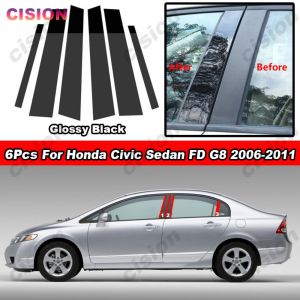 6 cái Màu đen Piano bóng chất liệu nhựa cứng cửa xe cửa sổ trung tâm B C trụ cột giữa cột Bìa hiệu ứng gương TRIM miếng dán cho Honda Civic FD 2006 2007 2008 2009 2011 G8 Gen 8th 8 8