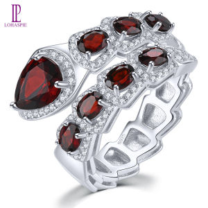 Lohaspie Jewelry Real 2.8 Carats Solid Sterling Silver 925 Ring Original Natural Garnet Black Spinel Chrome Diopside Ring Real Garnet Stone Ring Garnet Ring For Women Jewelry