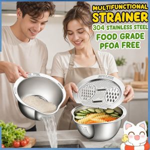 Happy Everyday.me 304 Stainless Steel Draining Basket 4 In 1 Grater Kitchen Cutter Rice Vegetable Washing Bowl Durable Easy To Clean Multi Functional Kitchen Tools
