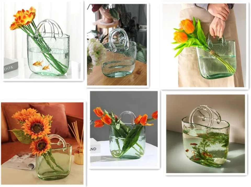 Clear Glass Bag Vase Unique Purse Flower Vase Handmade Bubble Fish