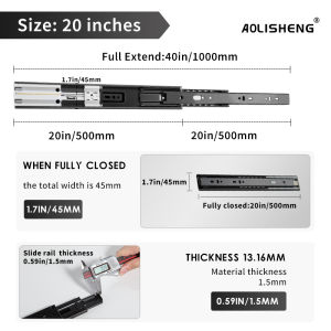 AOLISHENG Soft Close Drawer Slides 10 12 14 16 18 20 22 24 Inch Side Mount Full Extension Ball Bearing Self Slow Closing Rail 1 Pair - Vanity Metal Slide 45KG Load Capacity（Black）
