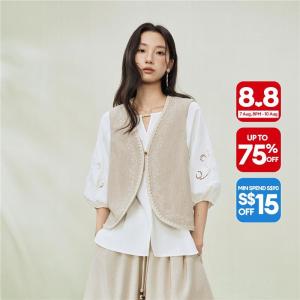 Giordano Women 【Online Exclusive】Embroidered lace-trimmed V-neck woven vest jacket Free Shipping 18376604