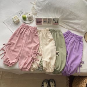 กางเกงลำลองสำหรับเด็กผู้หญิง ชุดเอี๊ยมฤดูร้อน กางเกงแฟชั่นสีพื้น ตกแต่งด้วยโบว์น่ารัก เหมาะสำหรับเด็กอายุ 2-8 ปี