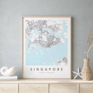 Blue and White city map Singapore Map Print Art Poster City Street Road Map