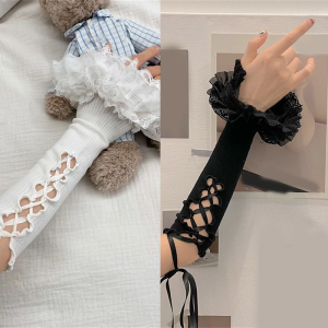 Anime Arm Sleeves Lace Trim Ribbon Tie Up Cuff Sleeves Arm Covering For Fashion Enthusiasts and Teens Girl Cosplay Party