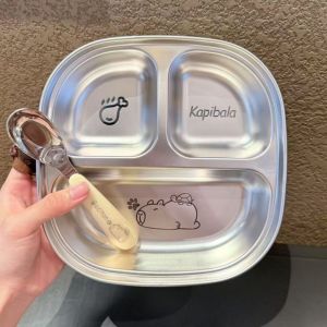 Khay ăn cho bé kèm thìa khay ăn 3 ngăn inox khay chia cơm khay ăn dặm cho bé